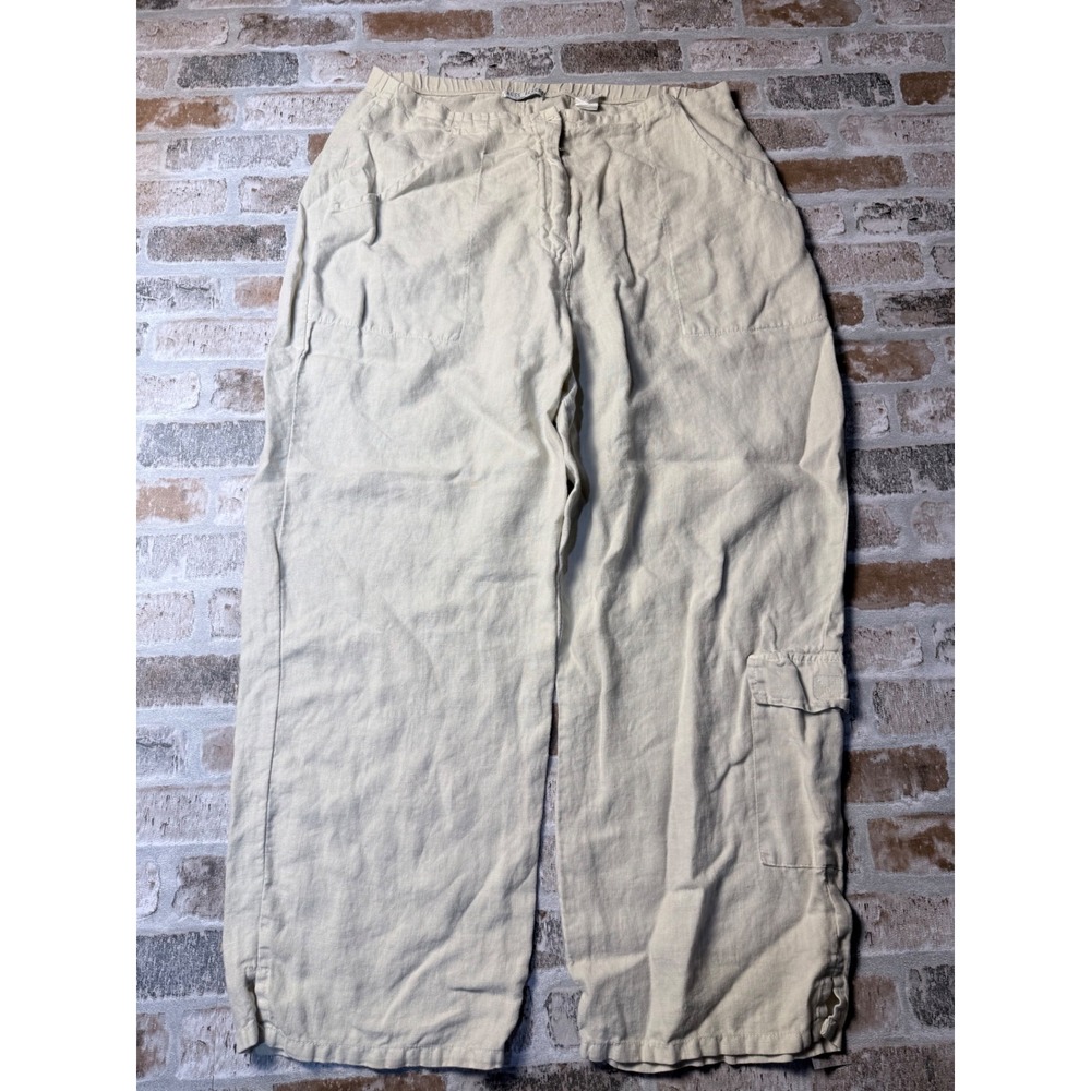 Russ Berens Malibu Linen Cargo Pants Beige Wide Leg Crop Womens 14 Made in USA